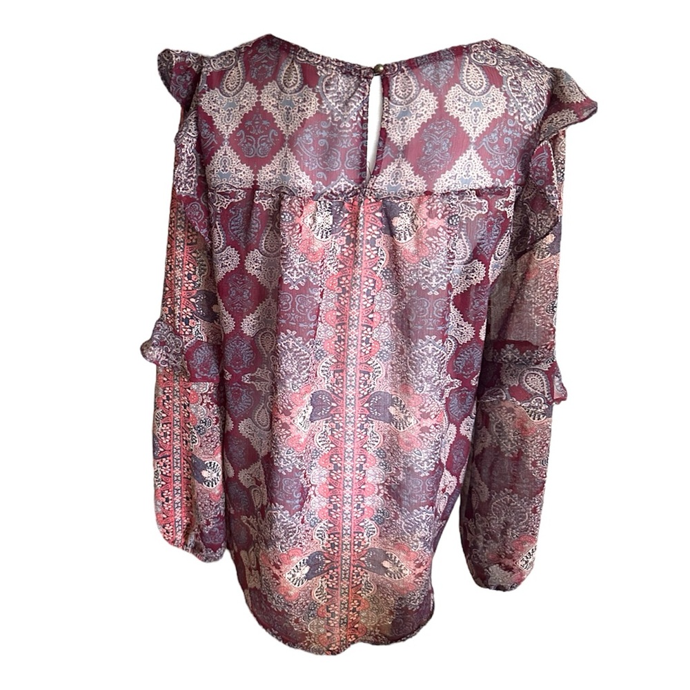 Womens Knox Rose Chiffon Blouse Burgundy Ruffled Prairie Sheer Lightweight XS - Picture 4 of 6